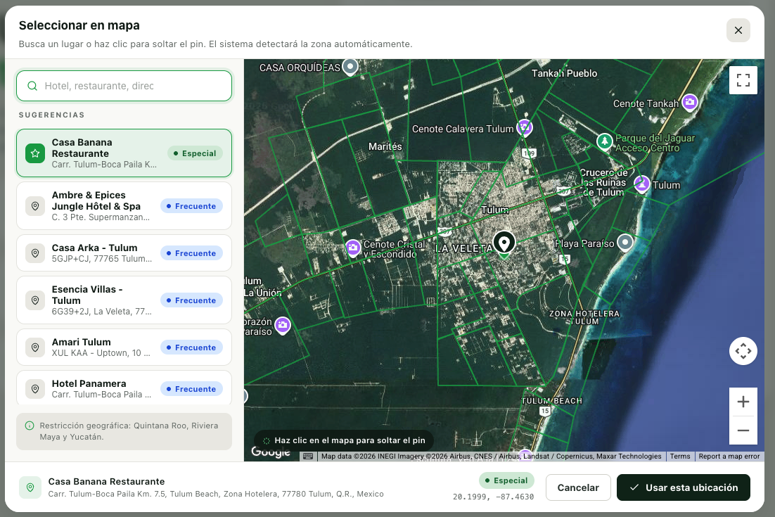 Selector de zonas OnRoute sobre el mapa de Tulum, Riviera Maya